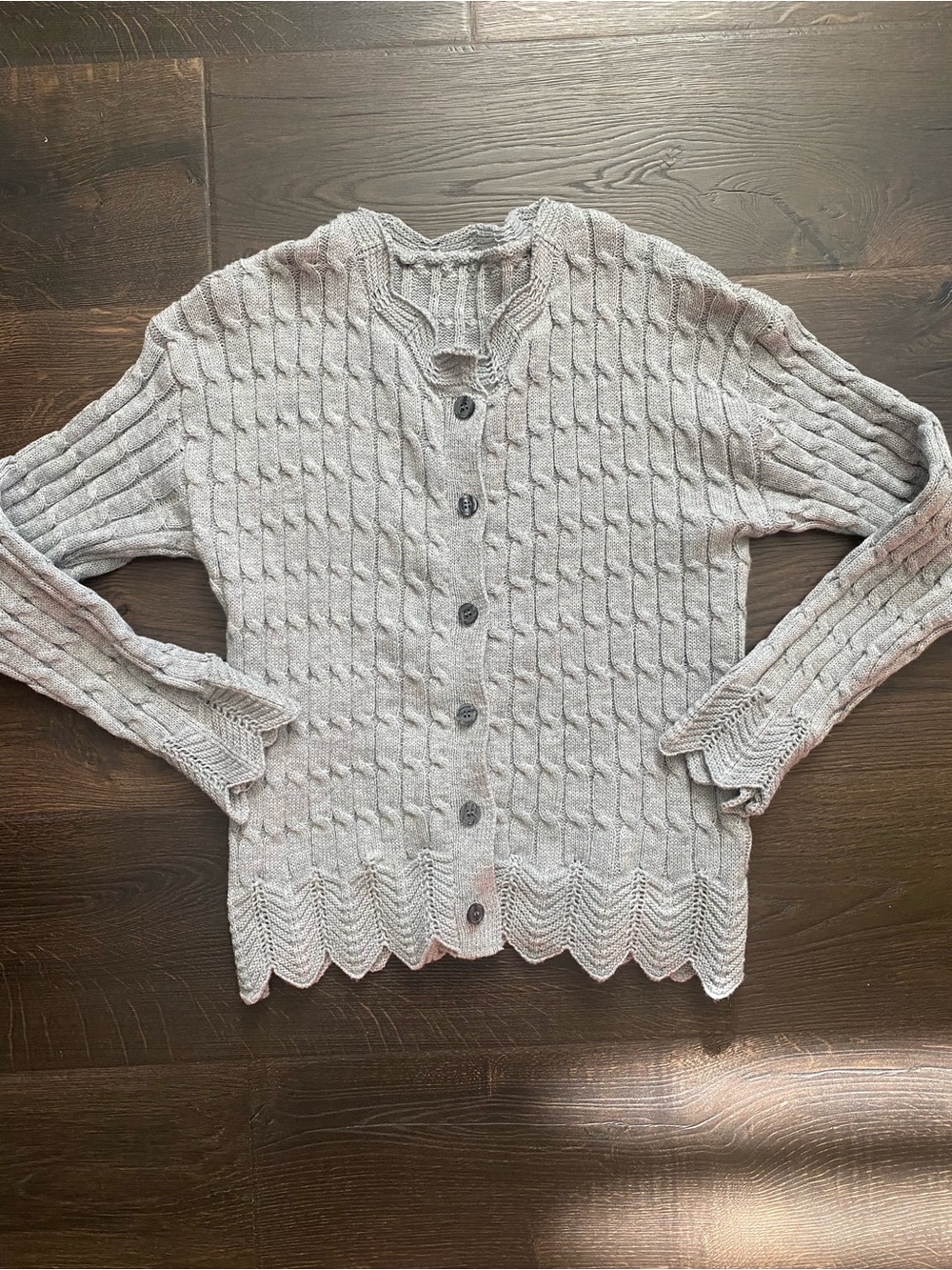 SHEIN Boho Knit Cardigan Scalloped Hem Button Front Beige Gray Size L